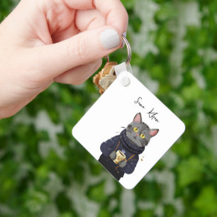 Personalised Cat Cool Black Cat with Coffee Key Ring