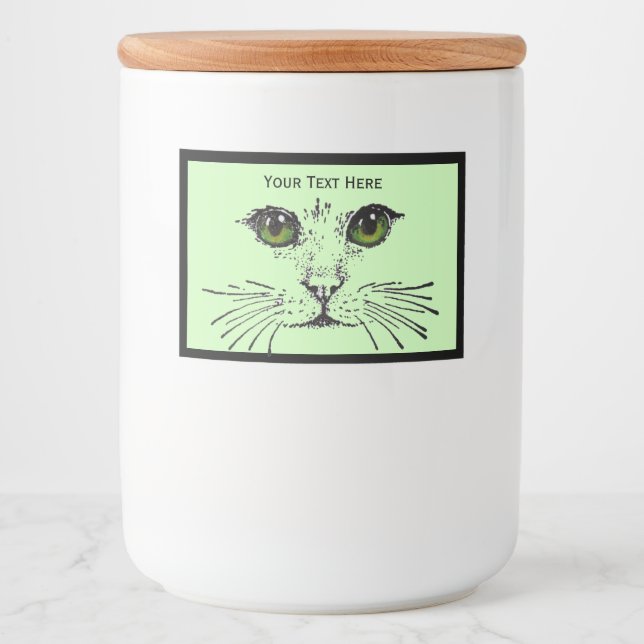 Personalised Cat face With Pretty Green Eyes Food Label (Front)