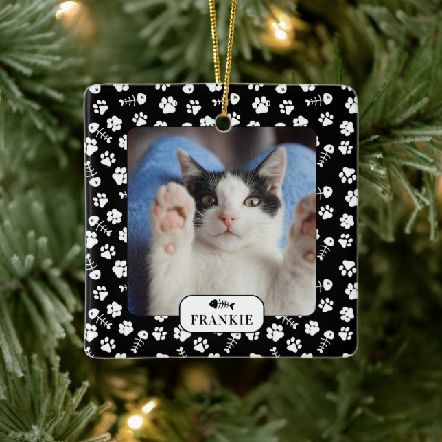 Personalised Cat Fish Bone & Pawprint Pet Photo Ceramic Ornament (Tree)