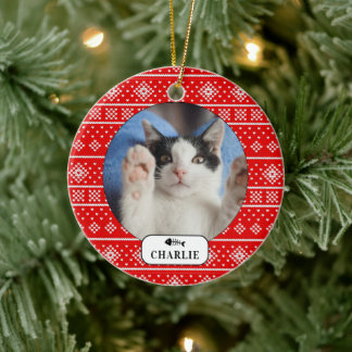 Personalised Cat Fish Red Snowflake Pet Photo Ceramic Tree Decoration