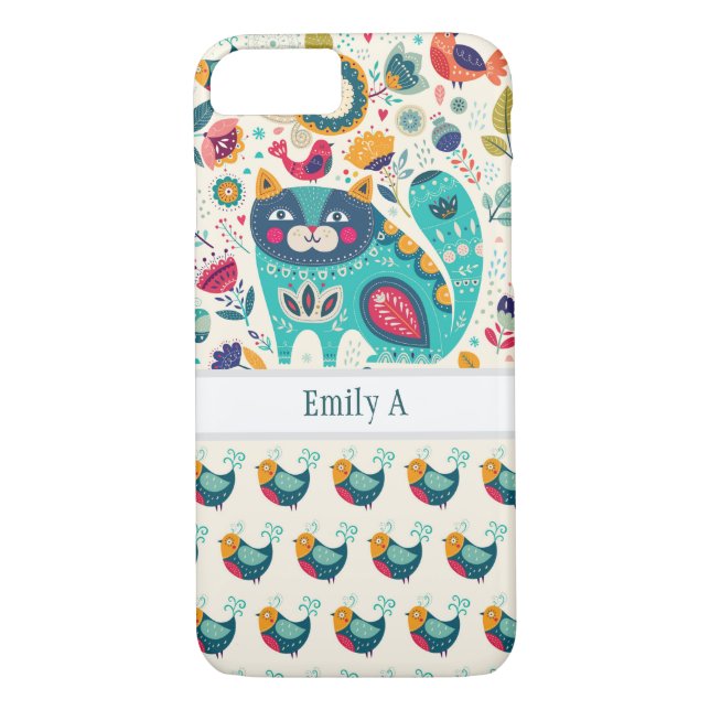 Personalised CAT Folk Art Decorative Birds Flowers Case-Mate iPhone Case (Back)