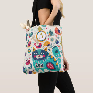 Personalised CAT Folk Art Decorative Birds Flowers Tote Bag