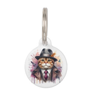 Personalised Cat in Suit Tie Jacket Hat Splatter Pet Tag