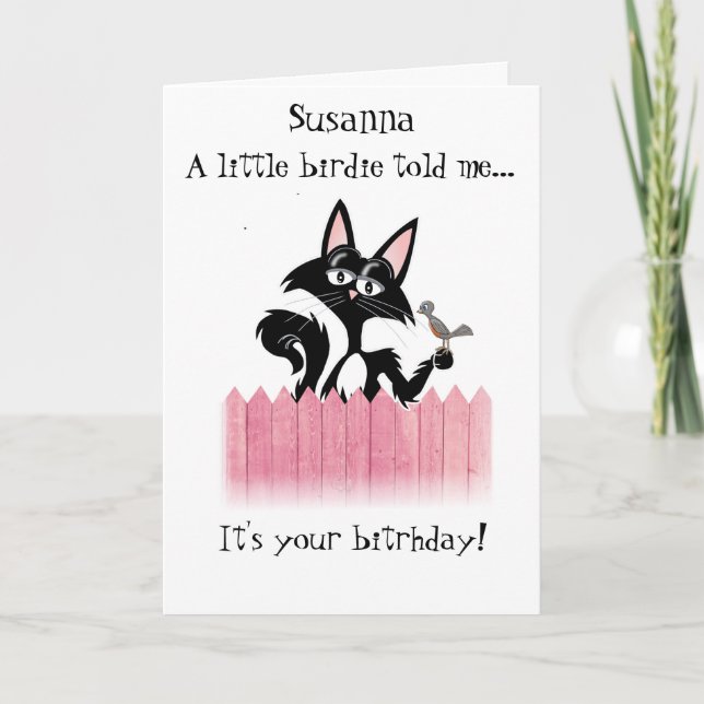 personalised cat little birdie told me... birthday card (Front)