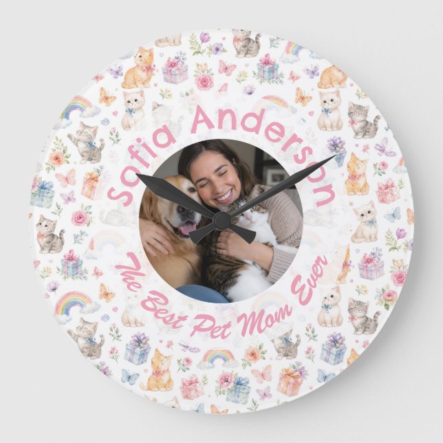 Personalised Cat Lover Wall Clock Floral Rainbow   (Front)