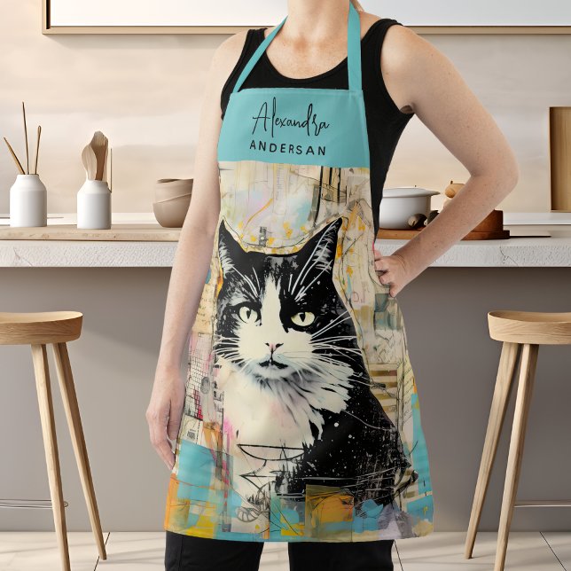 Personalised Cat Lovers Mum Dad Script Name Apron (Vintage Black Cat Scrapbook Painting Script Name Apron)