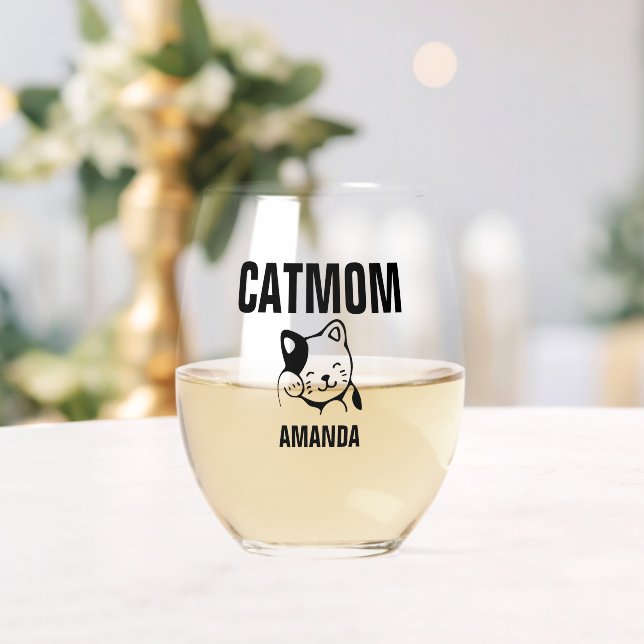 Personalised Cat Mum Custom Name Stemless Wine Glass (Insitu (Wedding))