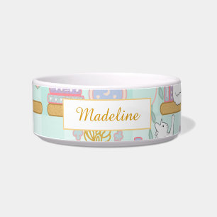 Personalised Cat Name Green Library Bowl Ceramic