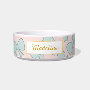Personalised Cat Name Pastel Blue Bow Bowl Ceramic