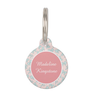 Personalised Cat Name Tag Blue Pastel Bows on Pink