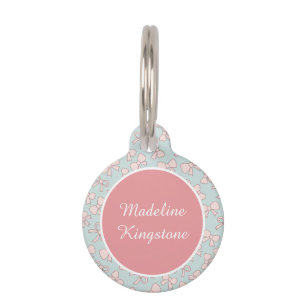 Personalised Cat Name Tag Pink Bows on Blue Pastel