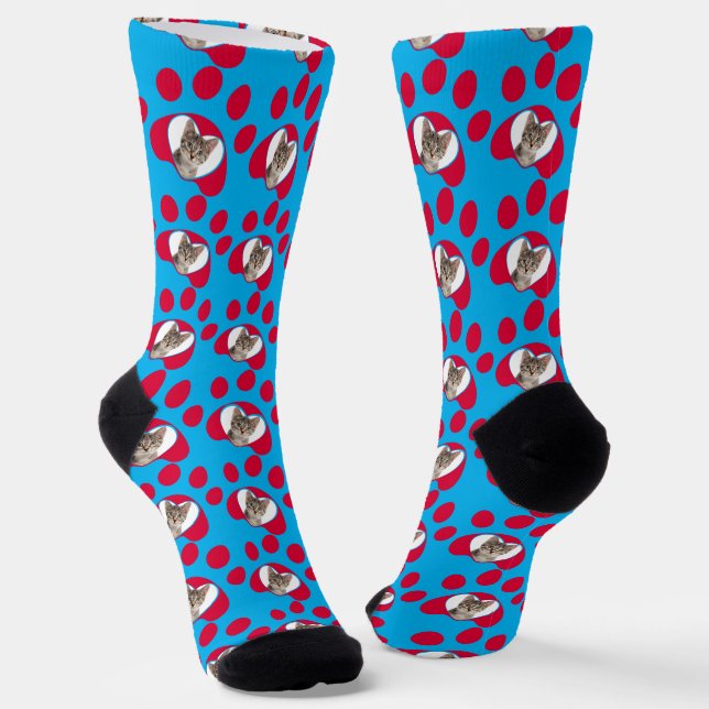 Personalised Cat or Dog Paw Photo Pattern Blue Socks (Angled)