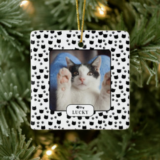 Personalised Cat & Pawprint Pet Photo Ceramic Ornament