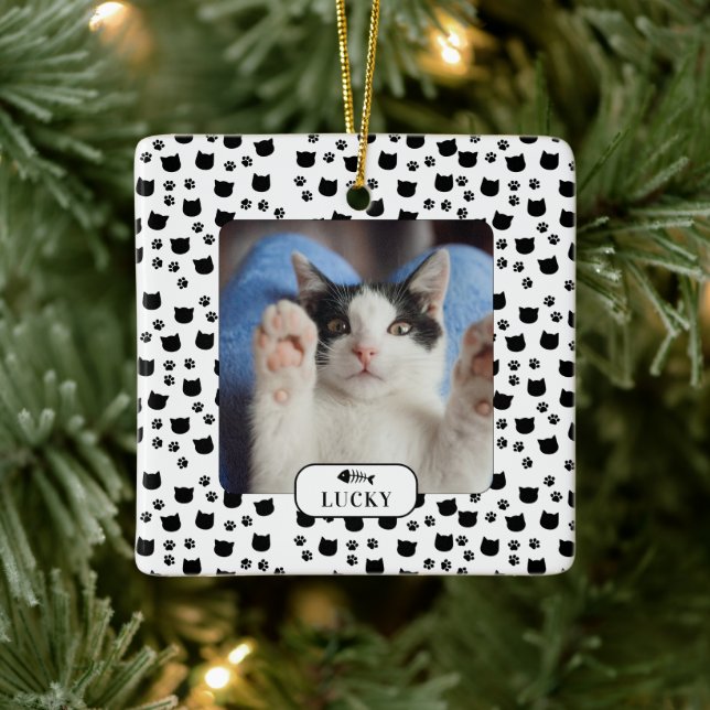 Personalised Cat & Pawprint Pet Photo Ceramic Ornament (Tree)