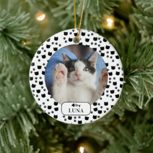 Personalised Cat & Pawprint Pet Photo  Ceramic Tree Decoration