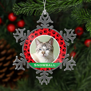 Personalised Cat Pet Photo Red Paw Prints Snowflake Pewter Christmas Ornament