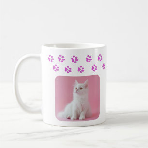 Personalised Cat Photo And Name Pink Paw Prints Coffee Mug