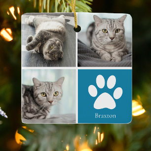 Personalised Cat Photo Collage Cute Blue Christmas Ceramic Ornament