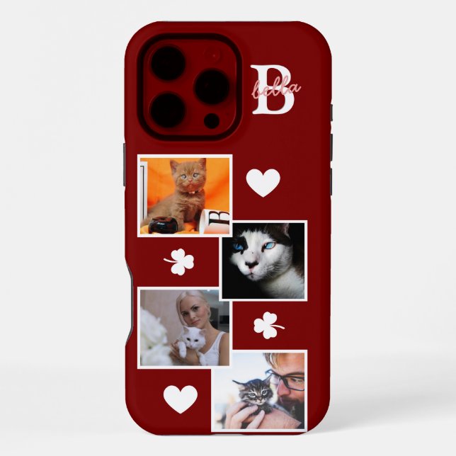 Personalised cat photo collage monogram maroon iPhone case (Back)