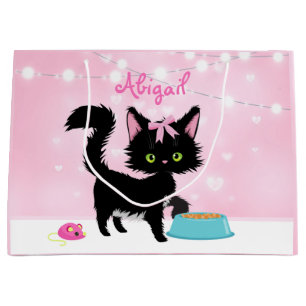 Personalised Cat Pink and White Girly Kitten Large Gift Bag