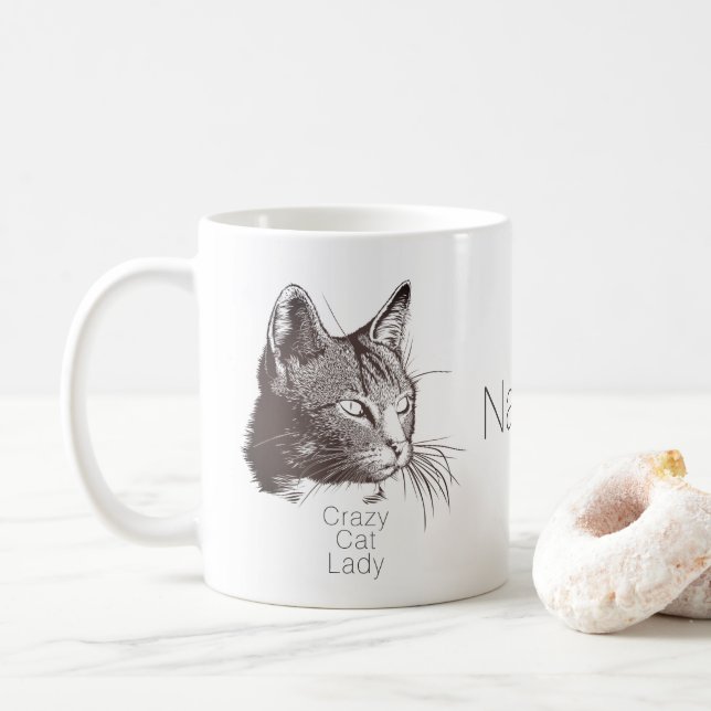 Personalised Cat Portrait for the Crazy Cat Lady C Coffee Mug (With Donut)