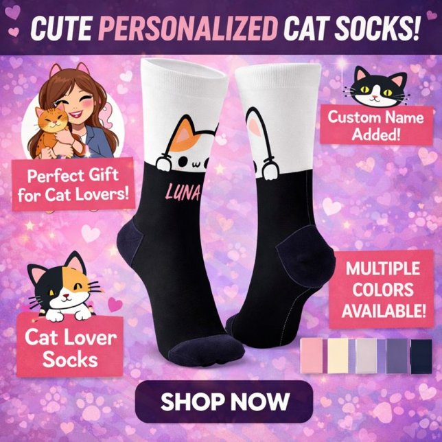 Personalised Cat Socks with Name – Cat Lover Gifts (Personalized Cat Socks With Name , Buy This Perfect Gift For Cat Lovers. Available In Many Colors. )