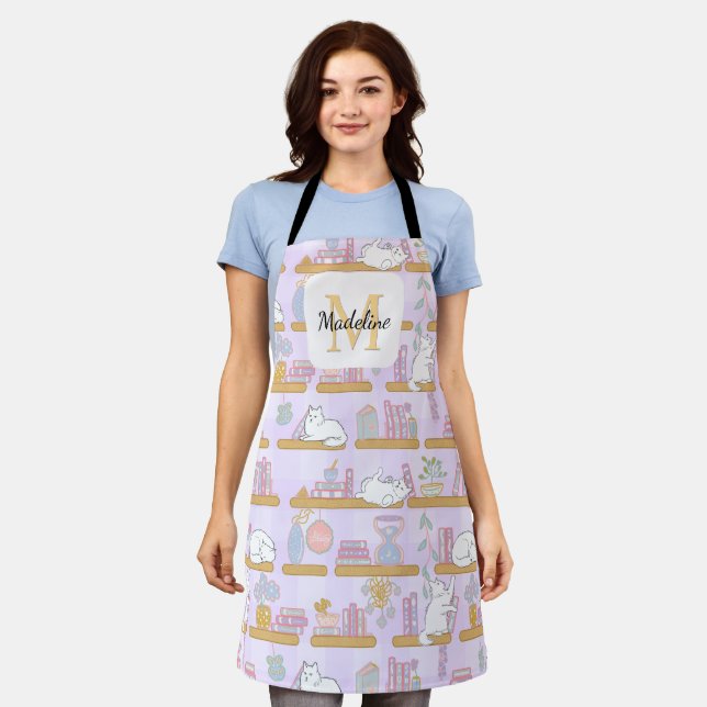 Personalised Cats Books Girly Purple Kitchen Apron (Worn)
