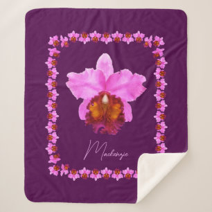 Personalised Cattleya Orchid Motif Print Sherpa Blanket