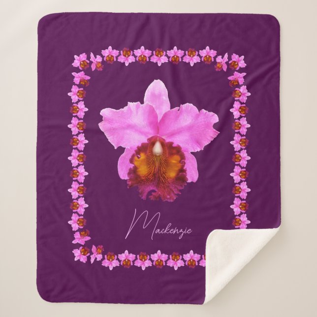 Personalised Cattleya Orchid Motif Print Sherpa Blanket (Front)