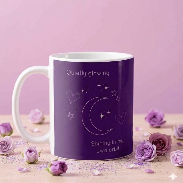 Personalised Celestial Design Coffee Mug (Purple coffee mug with line art crescent moon, stars, hearts and customizable texts.)