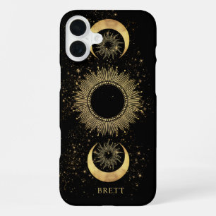 Personalised Celestial Sun Moon Stars Black Gold iPhone 16 Plus Case