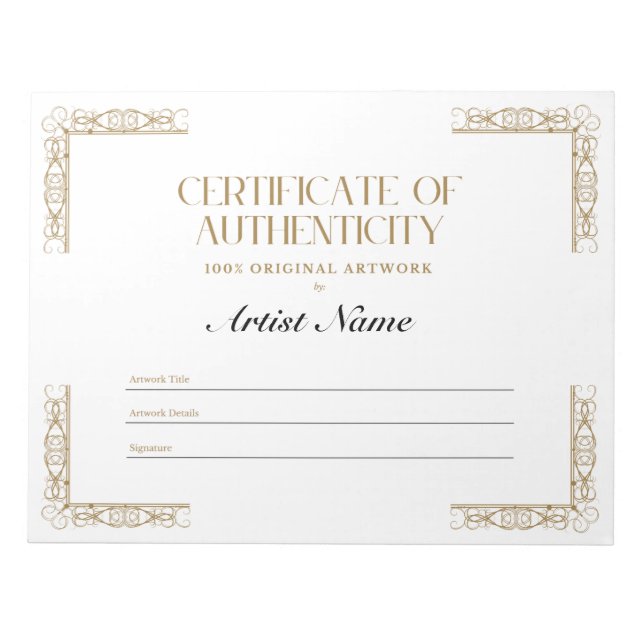 Personalised Certificate of Authenticity Notepad (Front)