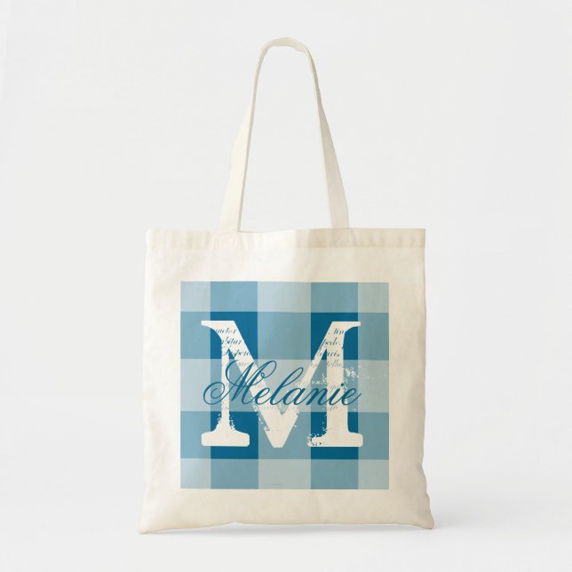 Personalised cerulean gingham monogram tote bag (Front)