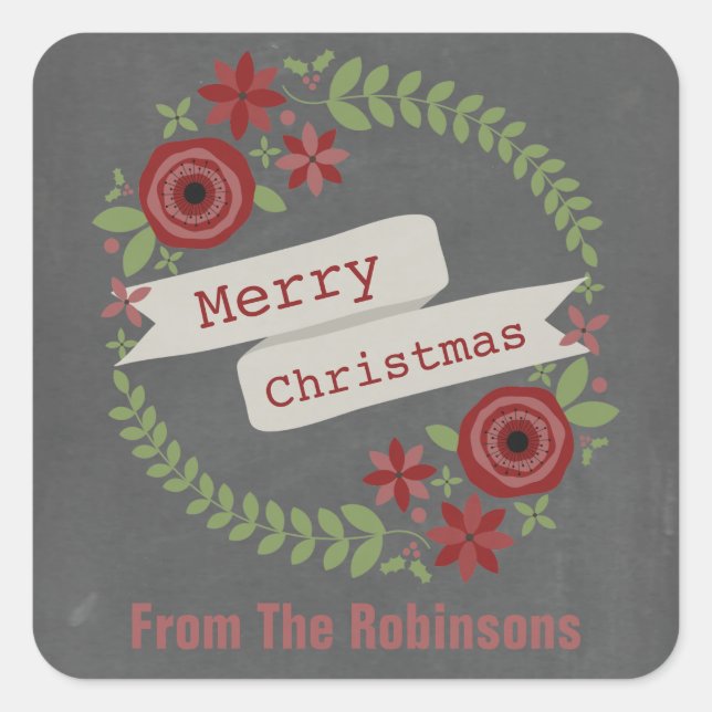 Personalised Chalk Inspired Wreath Christmas Square Sticker (Front)