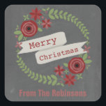 Personalised Chalk Inspired Wreath Christmas Square Sticker<br><div class="desc">A Christmas sticker featuring an illustration of a red and green floral wreath accented with holly.  Banner over wreath says,  "Merry Christmas."  Background is chalkboard inspired.  Personalise with your family's name at bottom.</div>