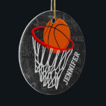 Personalised Chalkboard Basketball and Hoop Ceramic Tree Decoration<br><div class="desc">Personalised basketball and hoop design on a dark and light grey chalkboard design background with a pattern of basketball terms. Just customise the name to add the name of the basktball fan, basketball player or basketball coach. Ideal for netball players too! We welcome custom requests. Please contact us via our...</div>