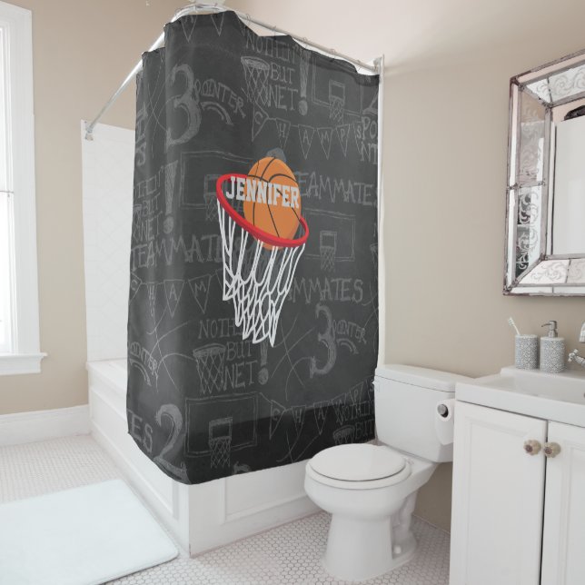 Personalised Chalkboard Basketball and Hoop Shower Curtain (In Situ)