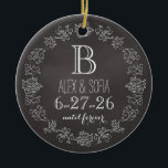 Personalised Chalkboard Monogram Wedding Date Ceramic Tree Decoration<br><div class="desc">Celebrate the wedding day or anniversary of your favourite bride and groom with this custom ornament! An elegant white scroll chalk border on a black chalkboard background surrounds a monogram, couple's names and wedding date. “until forever” is written in script below the wedding date. Makes a beautiful, modern, personalised gift....</div>