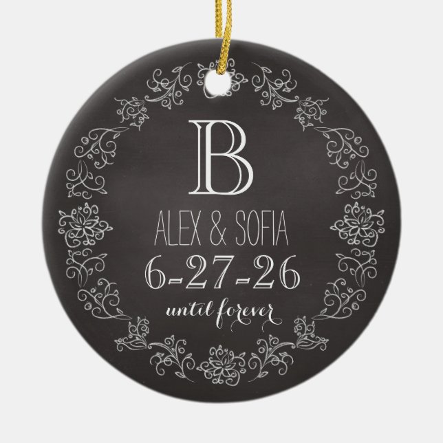 Personalised Chalkboard Monogram Wedding Date Ceramic Tree Decoration (Front)