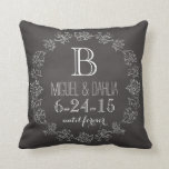 Personalised Chalkboard Monogram Wedding Date Cushion<br><div class="desc">Celebrate the wedding day or anniversary of your favourite bride and groom with this customisable keepsake! An elegant white scroll chalk border on a black chalkboard background surrounds a monogram, couple's names and wedding date. “until forever” is written in script below the wedding date. Makes a beautiful, modern, personalised gift....</div>