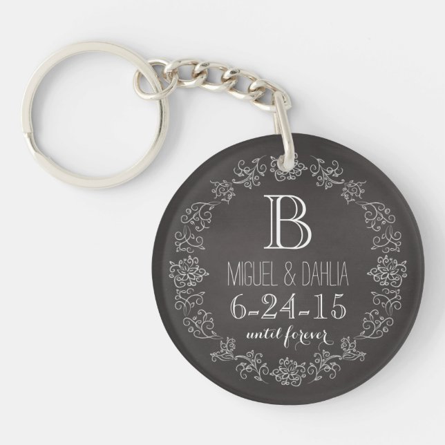 Personalised Chalkboard Monogram Wedding Date Key Ring (Front)