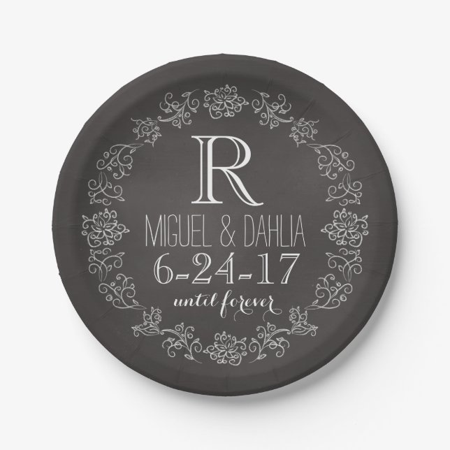 Personalised Chalkboard Monogram Wedding Date Paper Plate (Front)