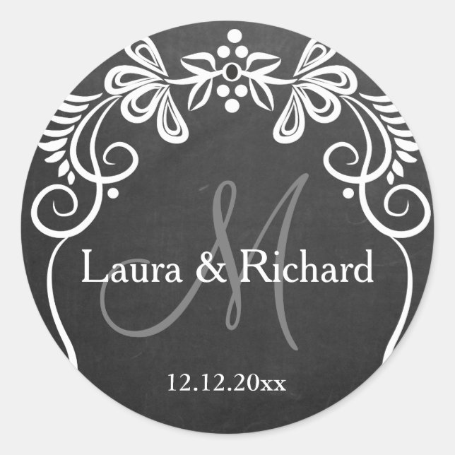 Personalised Chalkboard Wedding Monogram Classic Round Sticker (Front)
