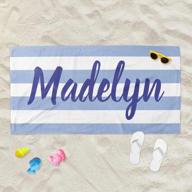 Personalised Chambray Blue Striped Script Name Beach Towel (Creator Uploaded)