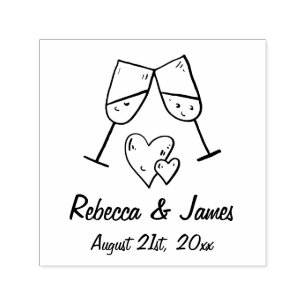 Personalised Champagne and Hearts Wedding Names Self-inking Stamp