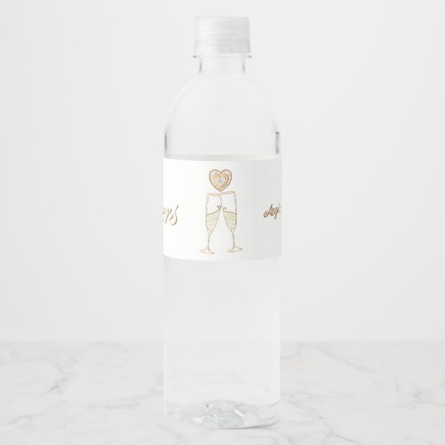 Personalised Champagne Glasses and Hearts Water Bottle Label (Front)