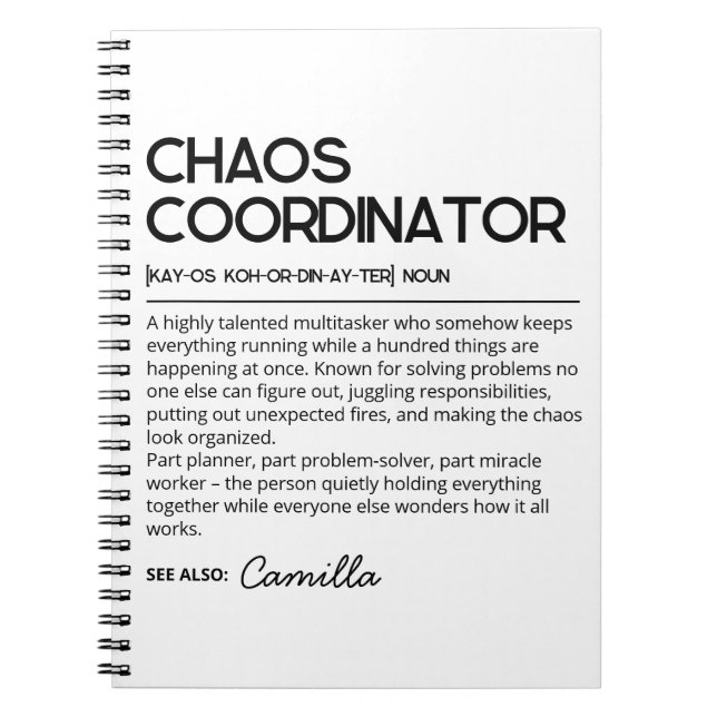 Personalised Chaos Coordinator Notebook, Funny Def Notebook (Front)