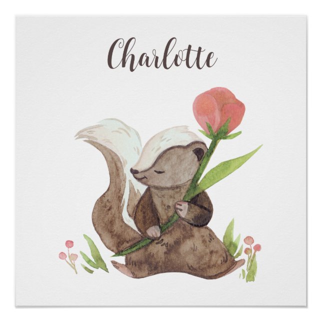 Personalised "Charlotte" Watercolor Skunk & Flower Poster (Front)
