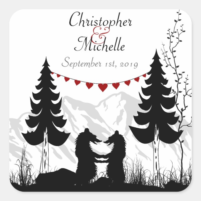 Personalised Charming Mountain Bears Wedding Square Sticker (Front)