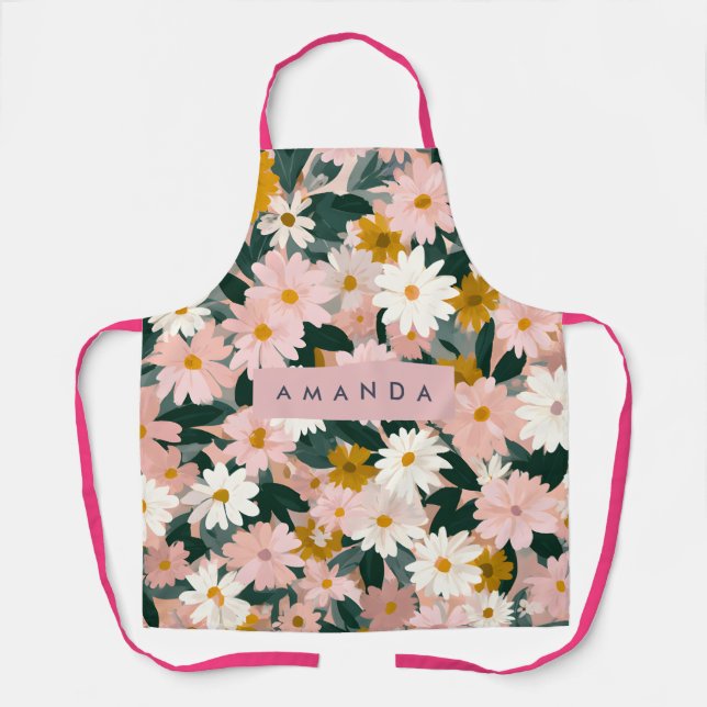 Personalised Charming Pink and White Daisy Flower Apron (Front)